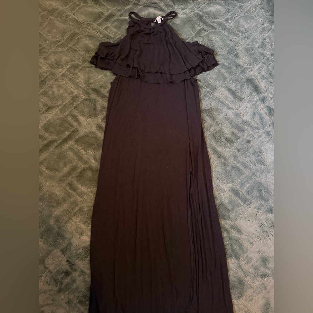American Eagle black maxi dress with ruffles and sli
